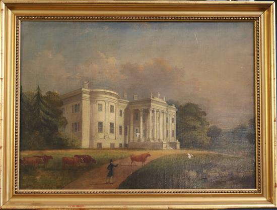 Early 19th century English School Portrait of a country house with livestock in the foreground 15.5 x 20.5in.